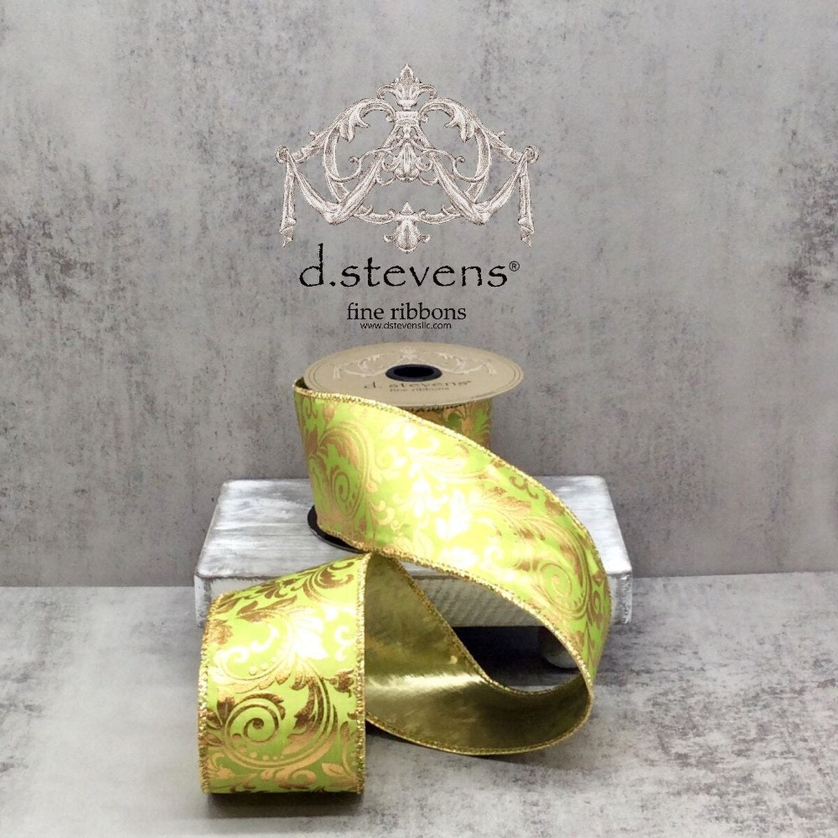 2.5" x 10yds taffeta gold foil acanthus leaf scroll gold back, apple green-0