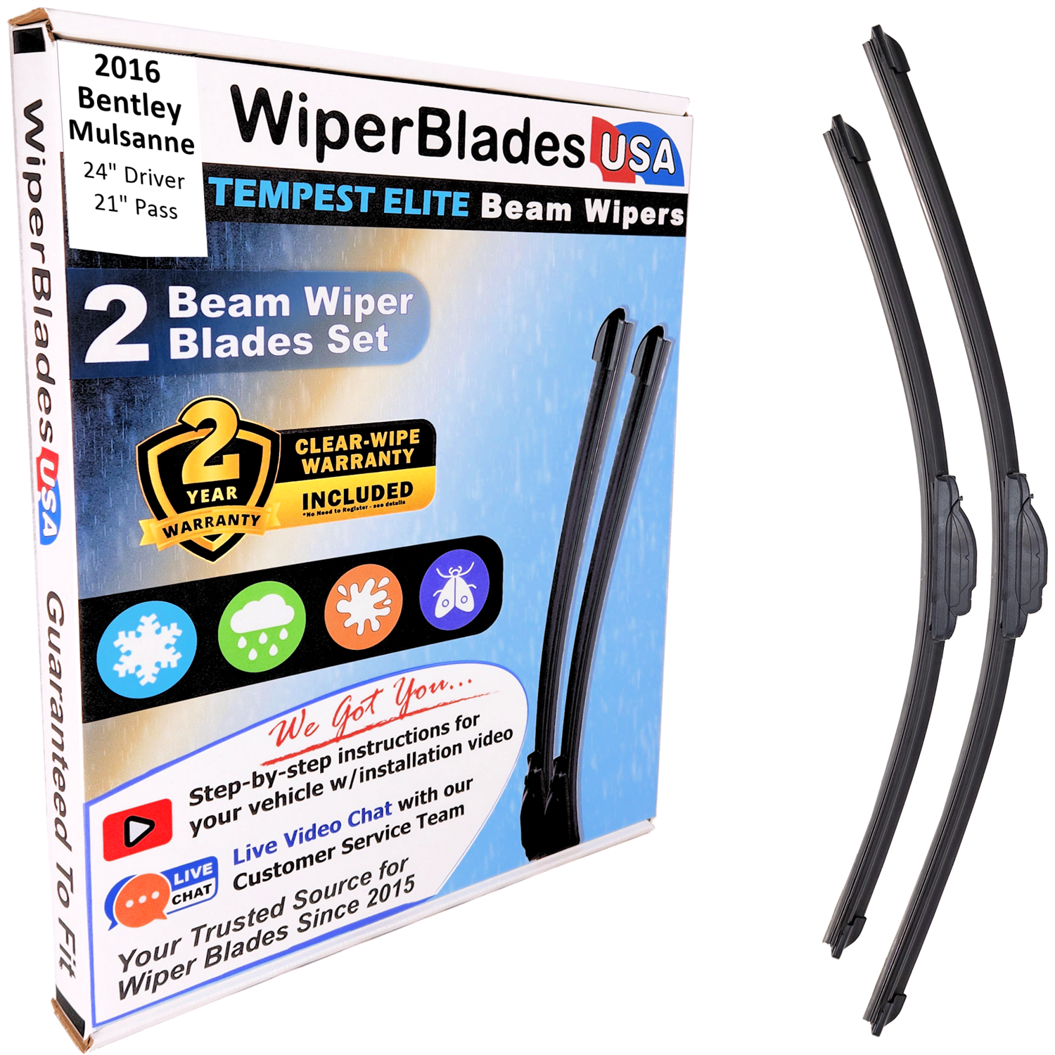 2016 Bentley Mulsanne Wiper Blades w/2yr Wear Warranty (Set of 2) Beam Wipers