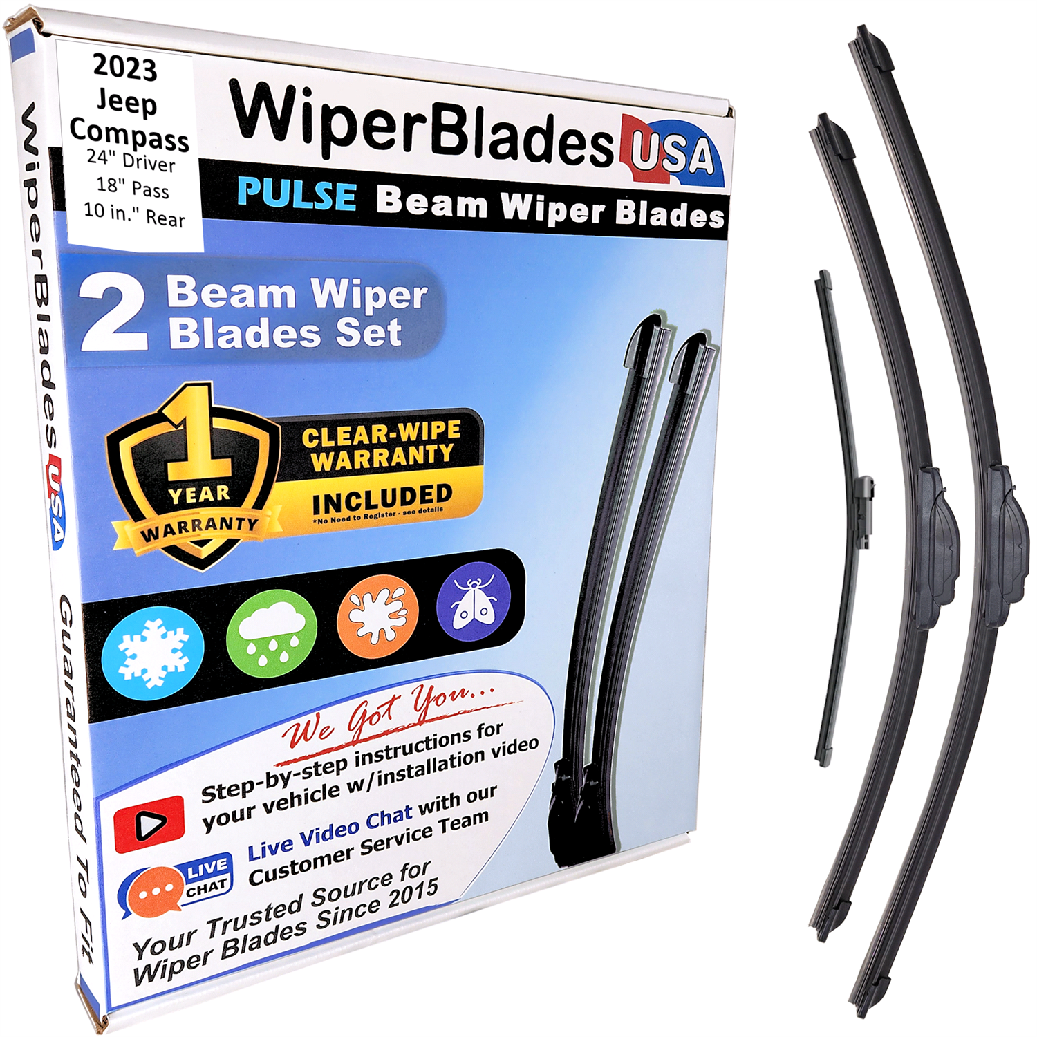 2023 Jeep Compass Wiper Blades w/1yr Wear Warranty (Set of 3) w/Rear Wipers