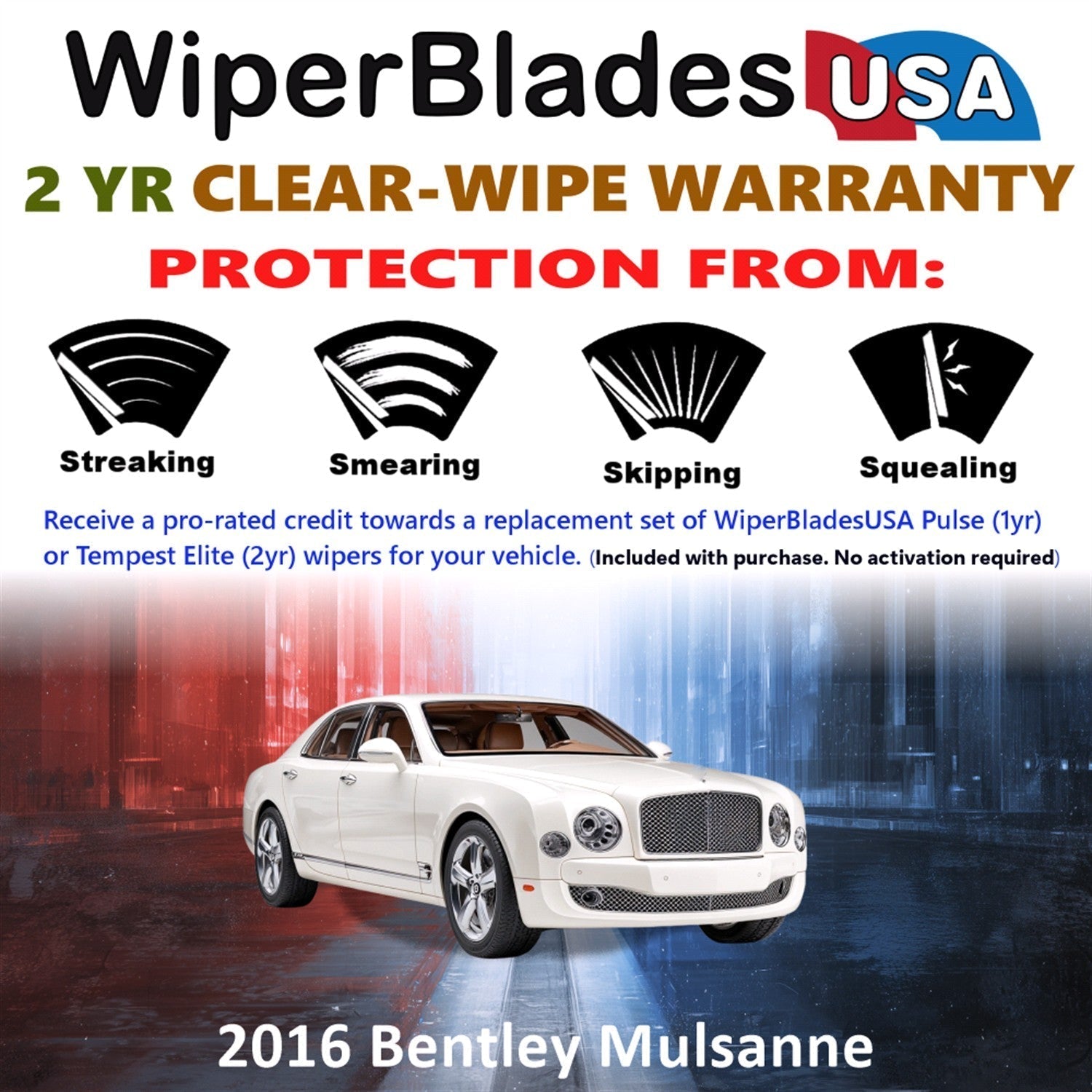 2016 Bentley Mulsanne Wiper Blades w/2yr Wear Warranty (Set of 2) Beam Wipers